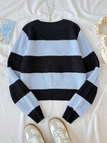 SHEIN 青少年女孩開襟針織開襟衫 秋冬新款 藍色條紋蝴蝶結裝飾 V領 - 藍色 - 查看 2