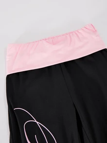 SHEIN 青少年女孩秋季黑色運動休閒舒適時尚多件套裝，長褲，個性化腰部設計，喇叭褲腳，秋季 - 黑色 - 查看 6