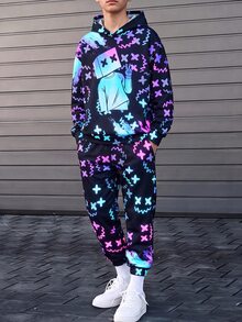 SHEIN 2件組 青少年男孩 Paper Box Man 夜光圖案 極簡舒適 秋季新款 街頭運動風 長袖連帽衛衣套裝 適合秋冬 - 藍色 - 查看 6