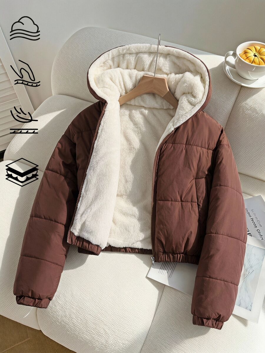 SHEIN 青少年女孩長袖抓絨時尚休閒短款連帽填充外套,保暖內裡,寬鬆版型,舒適,適合秋冬日常通勤 - 咖啡棕 - 查看 1