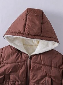 SHEIN 青少年女孩長袖抓絨時尚休閒短款連帽填充外套，保暖內裡，寬鬆版型，舒適，適合秋冬日常通勤 - 咖啡棕 - 查看 3