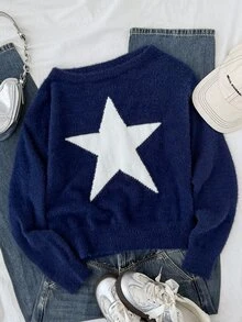 SHEIN 青少年女孩秋冬新款休閒簡約星星圖案套頭毛衣 - 寶藍色 - 查看 6