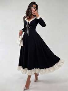NOVVYNE Women's Spring/Summer Knitted Black Long Sleeve Patchwork Woven Ruffle Waist A-Line Elegant Romantic Mid-Length Dress Commute Outfit - Black - View 6