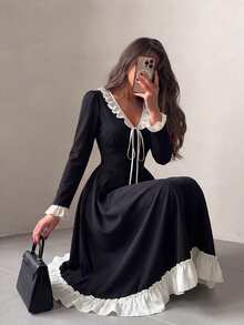 NOVVYNE Women's Spring/Summer Knitted Black Long Sleeve Patchwork Woven Ruffle Waist A-Line Elegant Romantic Mid-Length Dress Commute Outfit - Black - View 5