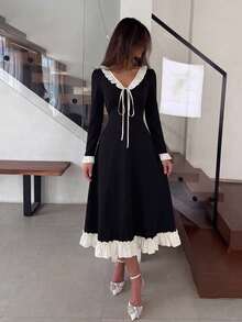 NOVVYNE Women's Spring/Summer Knitted Black Long Sleeve Patchwork Woven Ruffle Waist A-Line Elegant Romantic Mid-Length Dress Commute Outfit - Black - View 4