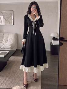 NOVVYNE Women's Spring/Summer Knitted Black Long Sleeve Patchwork Woven Ruffle Waist A-Line Elegant Romantic Mid-Length Dress Commute Outfit - Black - View 7