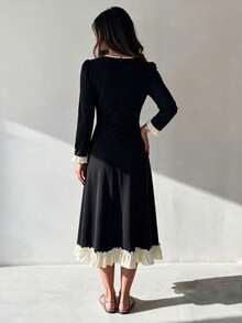 NOVVYNE Women's Spring/Summer Knitted Black Long Sleeve Patchwork Woven Ruffle Waist A-Line Elegant Romantic Mid-Length Dress Commute Outfit - Black - View 3