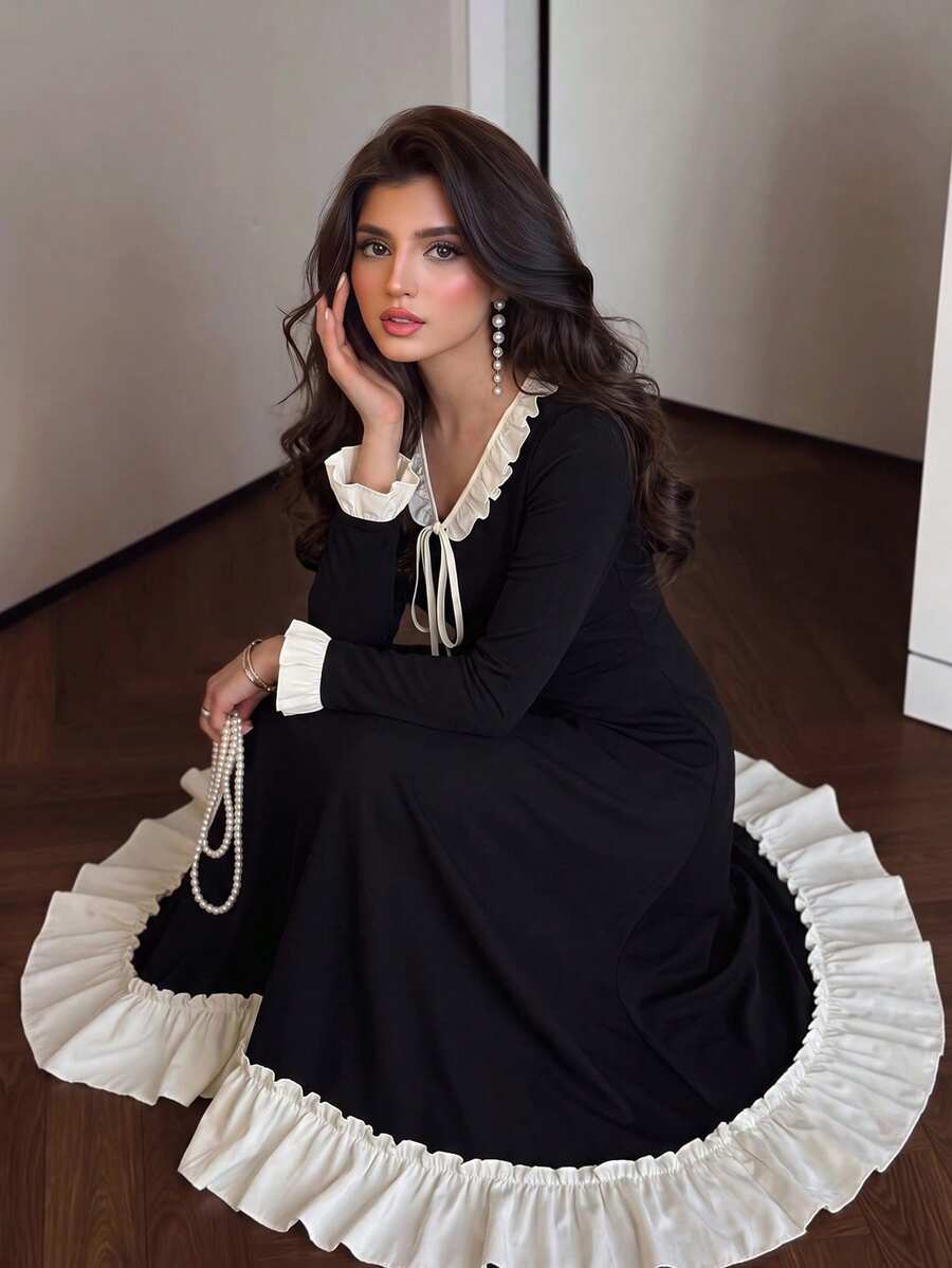 NOVVYNE Women's Spring/Summer Knitted Black Long Sleeve Patchwork Woven Ruffle Waist A-Line Elegant Romantic Mid-Length Dress Commute Outfit