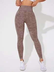 Eassivo Eassivo 1pc Women's Sand Washed Seamless Elastic Knit Leggings - Brown - View 6