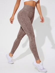 Eassivo Eassivo 1pc Women's Sand Washed Seamless Elastic Knit Leggings - Brown - View 4