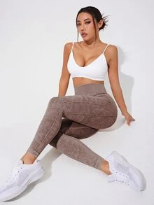 Eassivo Eassivo 1pc Women's Sand Washed Seamless Elastic Knit Leggings - Brown - View 5