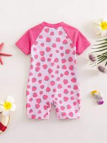 SHEIN Baby Girl Knitted Pink Strawberry One-Piece Swimsuit, Suitable For Daily Wear, Bathing, Beach, Swimming, Vacation And Beach - Pink - View 2