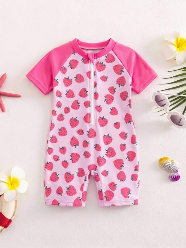 SHEIN Baby Girl Knitted Pink Strawberry One-Piece Swimsuit, Suitable For Daily Wear, Bathing, Beach, Swimming, Vacation And Beach