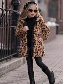 Emery Rose Kids Emery Rose Kids 女童兒童編織拼接豹紋人造毛連帽休閒可正反穿冬季夾克 - 黑色 - 查看 7