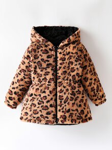 Emery Rose Kids Emery Rose Kids 女童兒童編織拼接豹紋人造毛連帽休閒可正反穿冬季夾克 - 黑色 - 查看 4