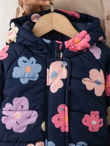SHEIN 女嬰連帽羽絨外套可愛甜美海軍藍粉藍花卉印花絎縫長袖加厚冬季度假冬日假期款 - 藏蓝色 - 查看 6