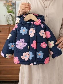 SHEIN 女嬰連帽羽絨外套可愛甜美海軍藍粉藍花卉印花絎縫長袖加厚冬季度假冬日假期款 - 藏蓝色 - 查看 3