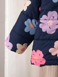 SHEIN 女嬰連帽羽絨外套可愛甜美海軍藍粉藍花卉印花絎縫長袖加厚冬季度假冬日假期款 - 藏蓝色 - 查看 4