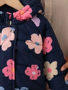 SHEIN 女嬰連帽羽絨外套可愛甜美海軍藍粉藍花卉印花絎縫長袖加厚冬季度假冬日假期款 - 藏蓝色 - 查看 7