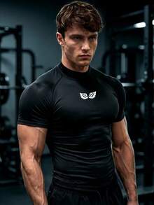 GymBeat 男士半高領健身T恤，啞鈴印花短袖肌肉修身運動上衣，舒適運動訓練T恤，健身房 - 黑色 - 查看 5