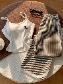 Comfortcana 女款休閒學院風可愛蕾絲飾邊細肩帶背心與黑白條紋長褲兩件套，返校季日常居家睡衣休閒夏裝 - 黑與白 - 查看 8