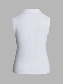 CourtClass CourtClass 女款運動休閒瑜珈戶外健身翻領無袖半拉鍊側開衩 Polo 衫，純白色，適合高爾夫、網球，夏季穿著 - 白色 - 查看 6