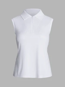 CourtClass CourtClass 女款運動休閒瑜珈戶外健身翻領無袖半拉鍊側開衩 Polo 衫，純白色，適合高爾夫、網球，夏季穿著 - 白色 - 查看 7