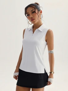 CourtClass CourtClass 女款運動休閒瑜珈戶外健身翻領無袖半拉鍊側開衩 Polo 衫，純白色，適合高爾夫、網球，夏季穿著 - 白色 - 查看 5