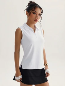 CourtClass CourtClass 女款運動休閒瑜珈戶外健身翻領無袖半拉鍊側開衩 Polo 衫，純白色，適合高爾夫、網球，夏季穿著 - 白色 - 查看 4