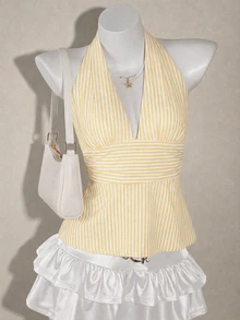 SHEIN ICON Halter Neck Deep V-Neck Cinched Waist A-Line Backless Old Money Style Tank Top - Multicolor - View 7