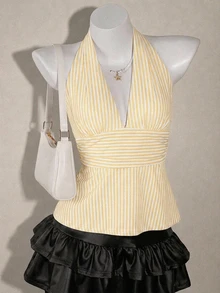 SHEIN ICON Halter Neck Deep V-Neck Cinched Waist A-Line Backless Old Money Style Tank Top - Multicolor - View 1