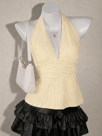 SHEIN ICON Halter Neck Deep V-Neck Cinched Waist A-Line Backless Old Money Style Tank Top