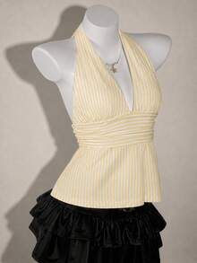 SHEIN ICON Halter Neck Deep V-Neck Cinched Waist A-Line Backless Old Money Style Tank Top - Multicolor - View 3