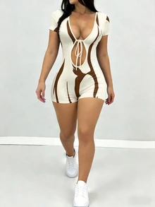 INAWLY Solva Jumpsuit Wanita Musim Panas Seksi Warna Polos dengan Tali Ikat Lengan Pendek - Aprikot - View 4