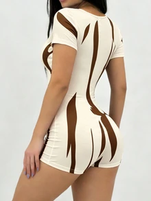 INAWLY Solva Jumpsuit Wanita Musim Panas Seksi Warna Polos dengan Tali Ikat Lengan Pendek - Aprikot - View 2