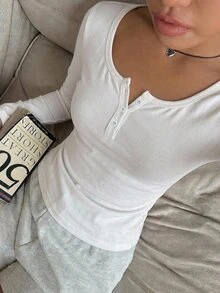 CovetEZ 95%棉女款休閒修身長袖T恤，女款秋冬服飾 - 彩色 - 查看 6