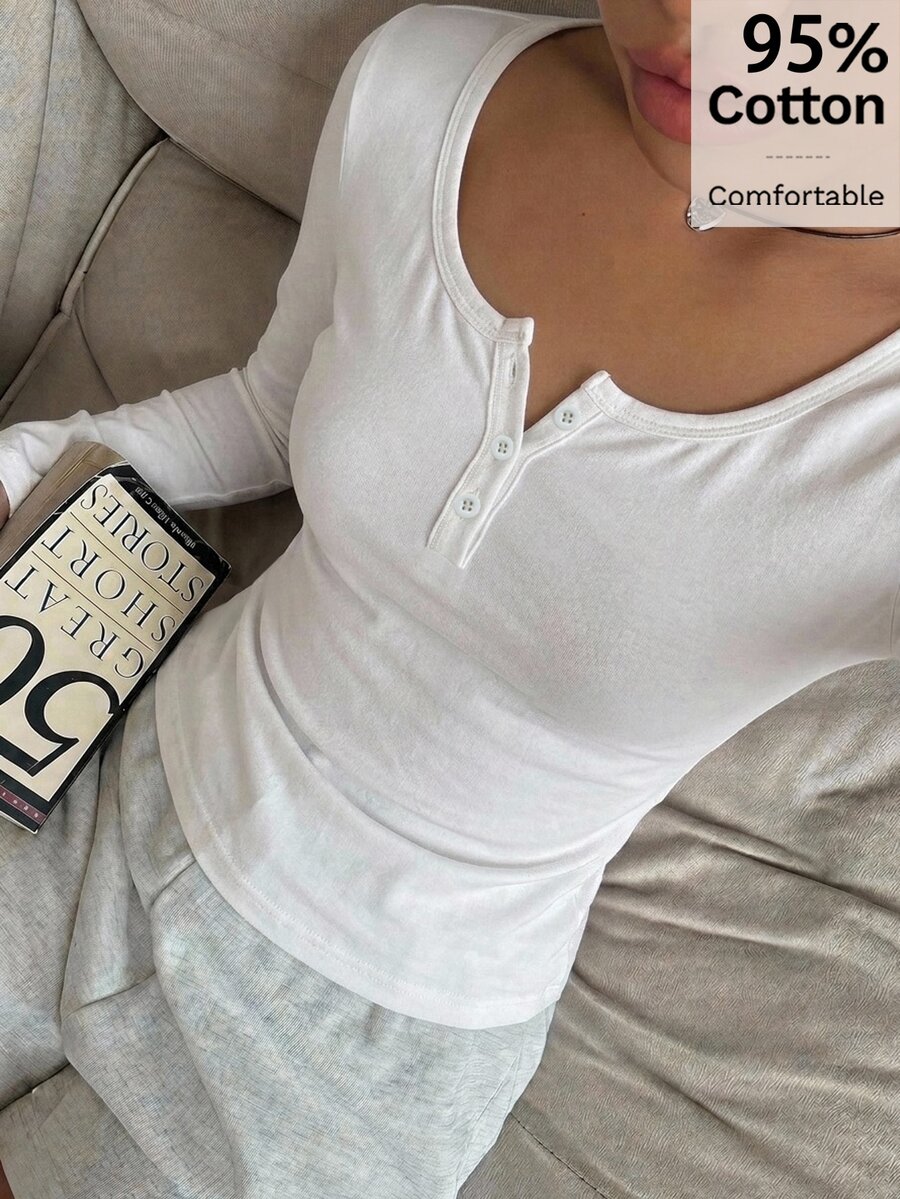 CovetEZ 95%棉女款休閒修身長袖T恤,女款秋冬服飾 - 彩色 - 查看 1