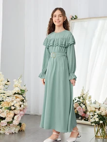 SHEIN Pitira Teen Girls Ruffle Trim Flounce Sleeve Belted Dress Graduation Dress,Kids - Mint Green - View 3