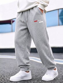 SHEIN 1pc Boys' Casual Baggy Minimalist Partial Letter Print Jogger Pants, Suitable For Commuting, School, Sports Wear, Autumn/Winter White - Grey - View 10