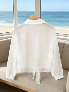 SHEIN Holiday Summer White Sheer Sun Protection Shirt,French Collared Front Tie Cropped Chiffon,Beach Versatile Elegant Cover-Up Blouse For Women - White - View 2