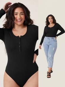 SHEIN BASICS Women Plus Size Black Long Sleeve Ribbed Scoop Neck Henley Button Front Bodysuit Basic Back To School Going Out Winter Outfit For Women Fall/Winter - Black - View 3