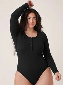 SHEIN BASICS Women Plus Size Black Long Sleeve Ribbed Scoop Neck Henley Button Front Bodysuit Basic Back To School Going Out Winter Outfit For Women Fall/Winter - Black - View 7