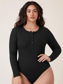 SHEIN BASICS Women Plus Size Black Long Sleeve Ribbed Scoop Neck Henley Button Front Bodysuit Basic Back To School Going Out Winter Outfit For Women Fall/Winter - Black - View 9