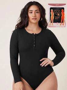 SHEIN BASICS Women Plus Size Black Long Sleeve Ribbed Scoop Neck Henley Button Front Bodysuit Basic Back To School Going Out Winter Outfit For Women Fall/Winter - Black - View 2