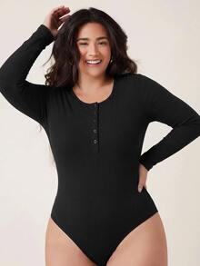 SHEIN BASICS Women Plus Size Black Long Sleeve Ribbed Scoop Neck Henley Button Front Bodysuit Basic Back To School Going Out Winter Outfit For Women Fall/Winter - Black - View 8