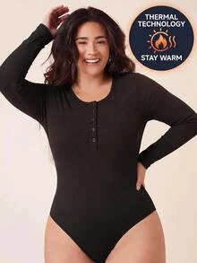SHEIN BASICS Women Plus Size Black Long Sleeve Ribbed Scoop Neck Henley Button Front Bodysuit Basic Back To School Going Out Winter Outfit For Women Fall/Winter - Black - View 1