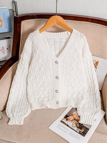 SHEIN كارديجان محبوك بسيط للأطفال الفتيات المراهقات، كاجوال، مناسب لحفلات الخريف/الشتاء والهالوين/عيد الميلاد - أبيض - مشاهدة 4