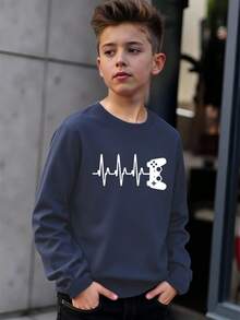 SHEIN Tween Boy Casual Simple Style Fun Gaming Console Design Round Neck Pullover Tee, For Autumn/Winter - Navy Blue - View 1