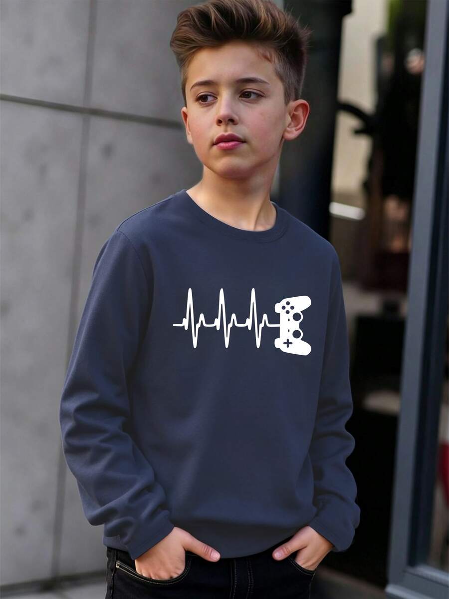 SHEIN Tween Boy Casual Simple Style Fun Gaming Console Design Round Neck Pullover Tee, For Autumn/Winter - Navy Blue - View 1