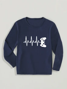 SHEIN Tween Boy Casual Simple Style Fun Gaming Console Design Round Neck Pullover Tee, For Autumn/Winter - Navy Blue - View 3
